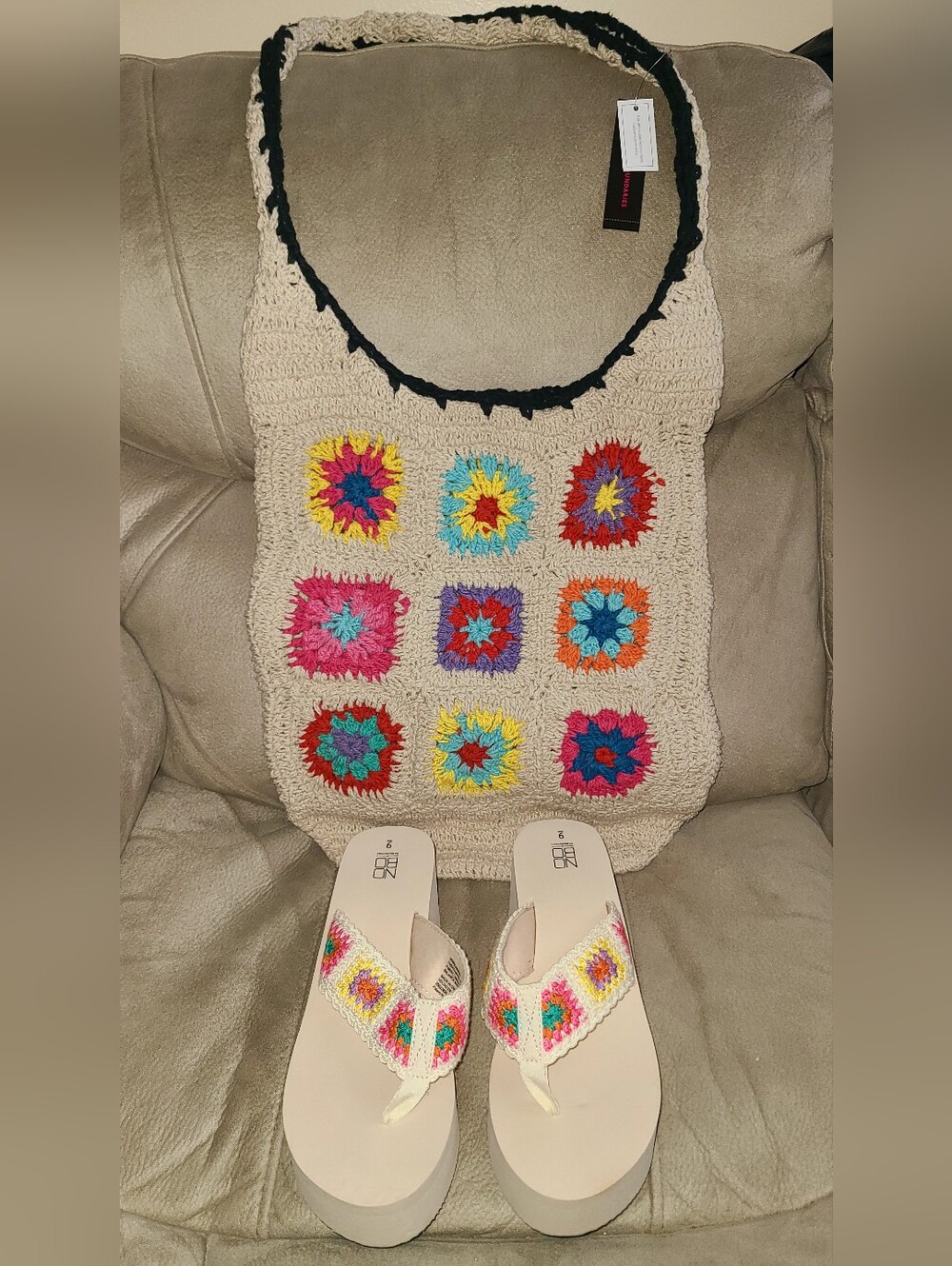 Crochet Tote Bag and Matching Embroidered Flip Flops - Multicolor on Cream